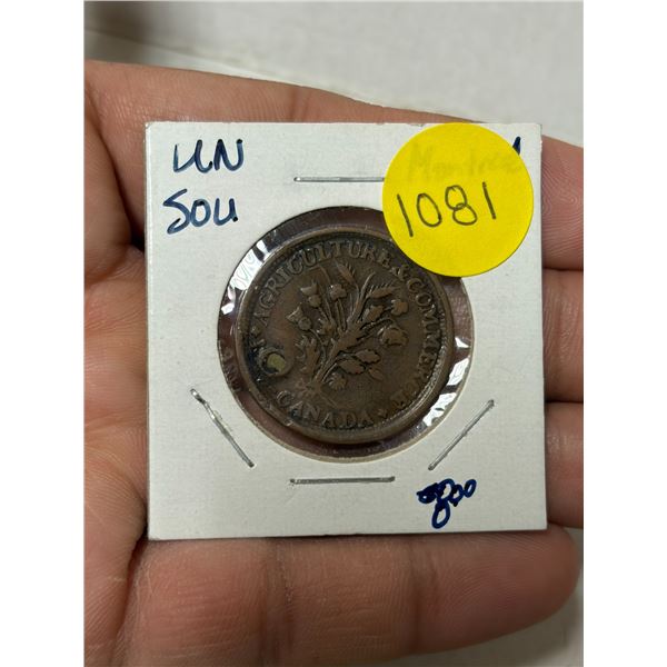 Lower Canada Bouquet Sous. Un Sou. Pre-Confederation Half Penny Token. Holed.