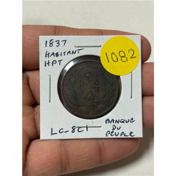 1837 Lower Canada Habitant Pre-Confederation Half Penny Token. Banque du Peuple on ribbon. LC-8C1. V