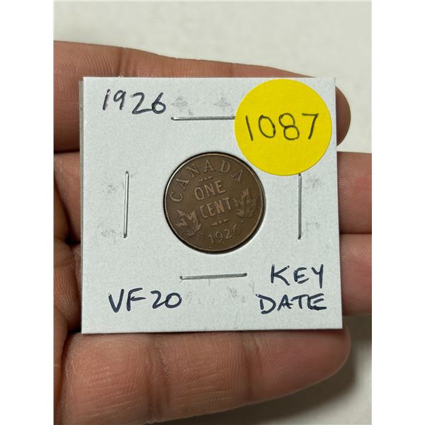 1926 Canadian Small Cent. VF20. Key Date.