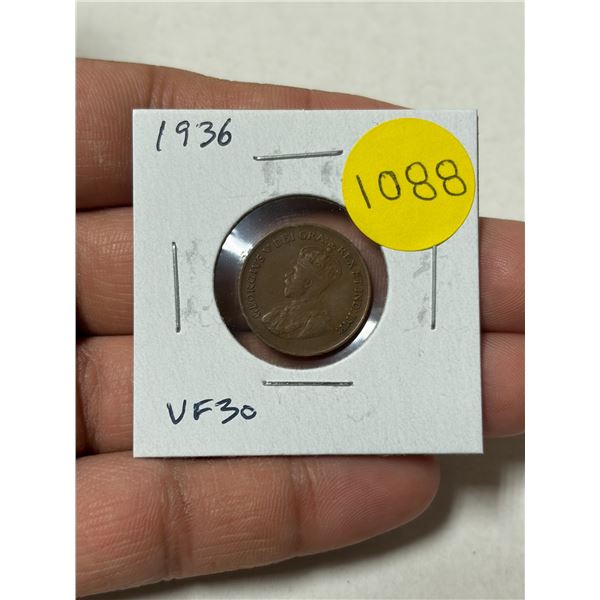 1936 Canadian Small Cent. Last issue of King George V. VF30.