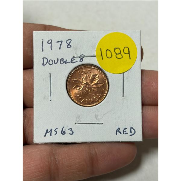 1978 Doubled 8 Canadian Small Cent. MS63. Red. Scarce.
