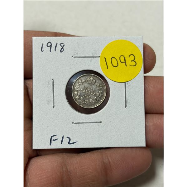 1918 Canadian Silver 5 Cents. Issued during the last year of World War I. F12.