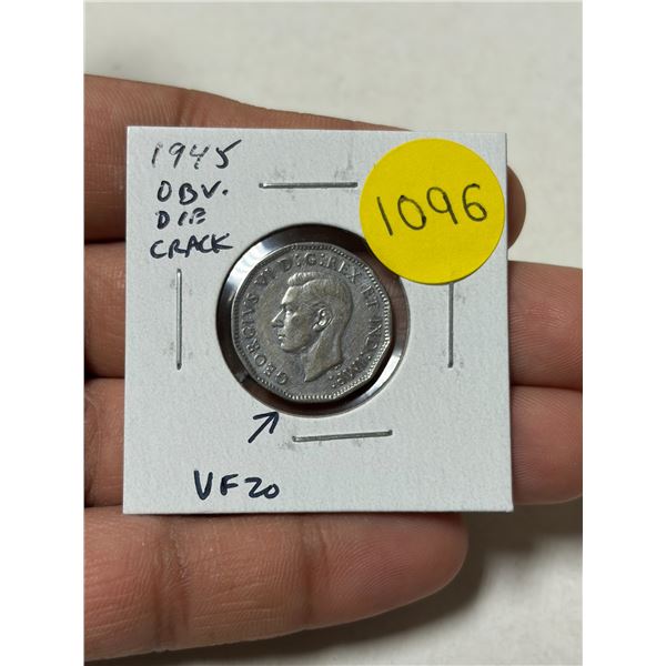 1945 Canadian 5 Cents. This coin has a Die Crack from the bottom of the king’s bust to the 