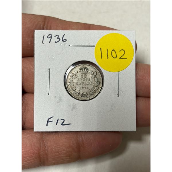 1936 Canadian Silver 10 Cents. The last issue of George V. F12.