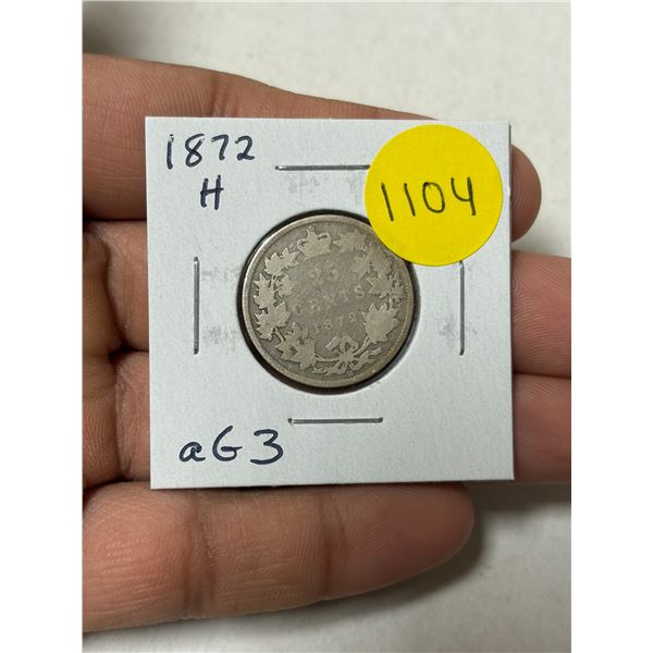1872H Canadian Victorian Silver 25 Cents. Heaton Mint. aG3 with readable date.