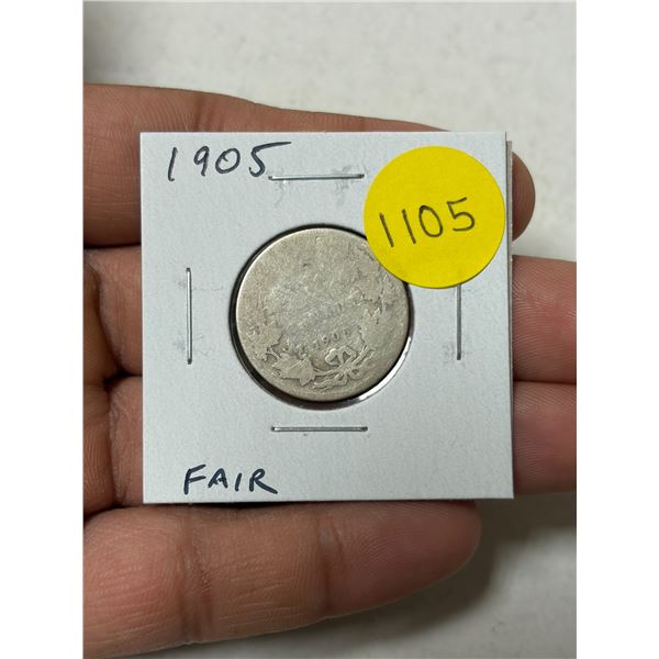 1905 Canadian Silver 25 Cents. Key Date. Fair-2 with readable date.