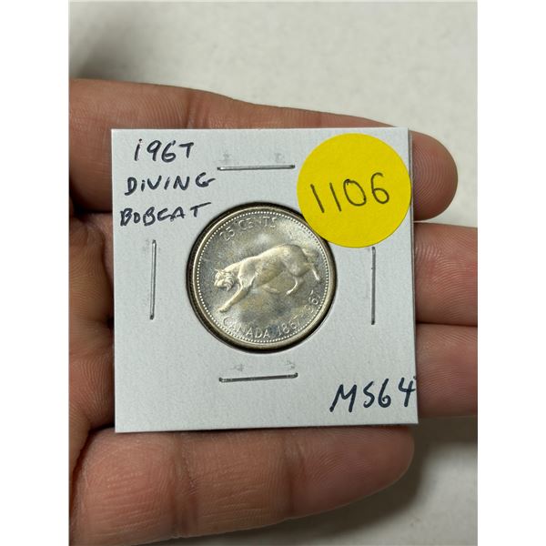 1967 Diving Bobcat Canadian Silver 25 Cents. Rotated Die. MS64. Lustrous.
