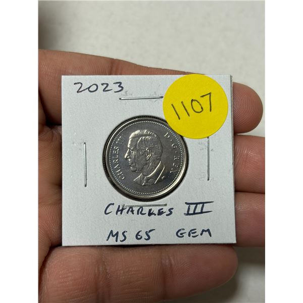 2023 King Charles III Canadian 25 Cents. First issue of the new king. MS65 Gem Uncirculated.