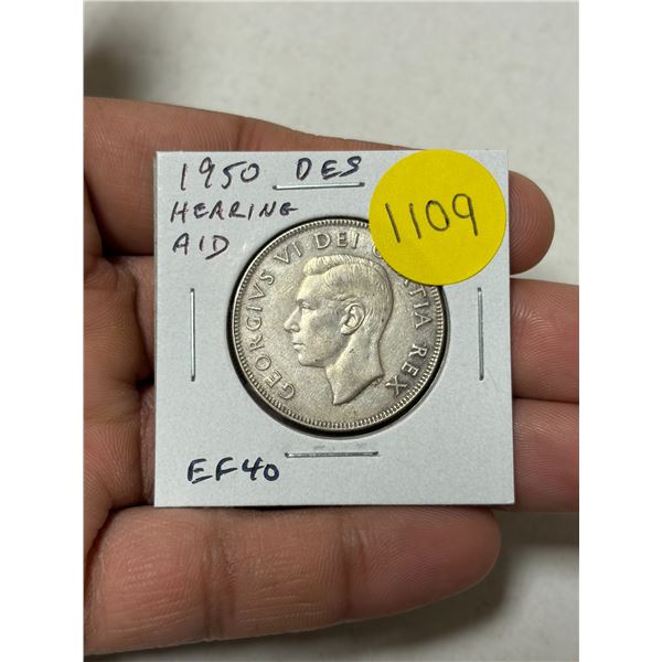 1950 Hearing Aid DES Canadian Silver 50 Cents. The reverse date has a Design in the zero, while the 