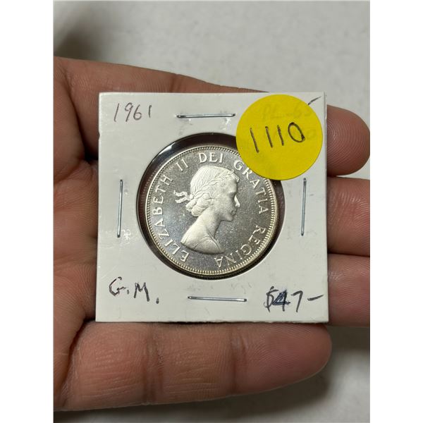 1961 Canadian Silver 50 Cents. Proof Like-65 with Cameo. Beautiful.