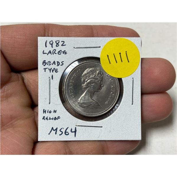 1982 Large Beads Type 1 High Relief 50 Cents. MS64. Nice.