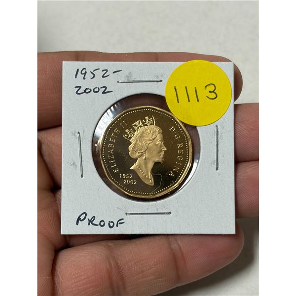 1952 – 2002 50th Anniversary of Queen Elizabeth on the throne Loonie Dollar. Proof-67 with 