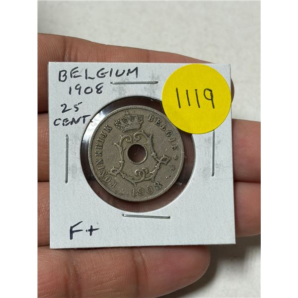 Belgium 1908 25 Cents. Fine+.