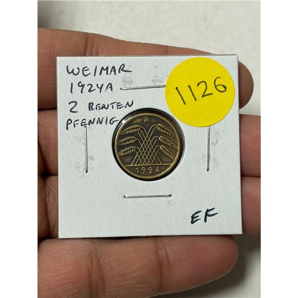 Germany – Weimar Republic. 1924A 2 Rentenpfennig. Berlin Mint. Eagle and Swastika. EF.