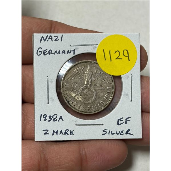 Germany – Nazi Third Reich. 1938A 2 Silver Reichsmark. Eagle and Swastika. Berlin Mint. EF.