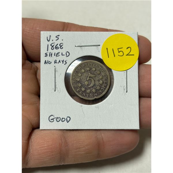 U.S. 1868 Shield 5 Cents with No Rays. Good.
