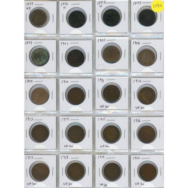 Set of 20 different Canadian Large Cents 1859 Narrow 9 – 1920. Coins grade up to VF30.