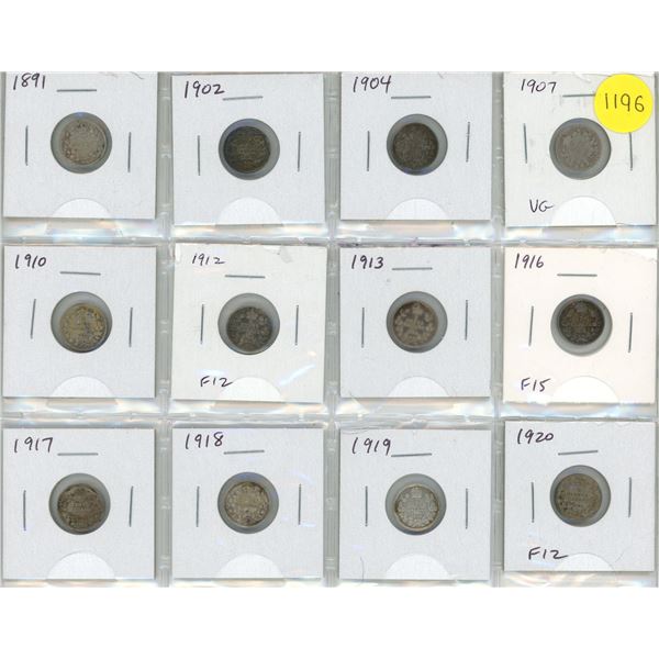 Set of 12 Canadian Silver 5 Cents 1891 – 1920. Coins grade up to F15.