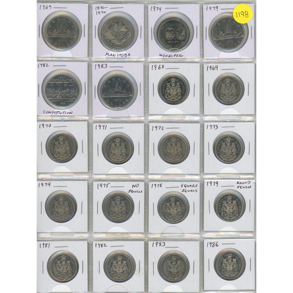 Set of 20 Canadian Nickel Dollars and Nickel 50 Cents 1969 – 1986. Includes several varieti