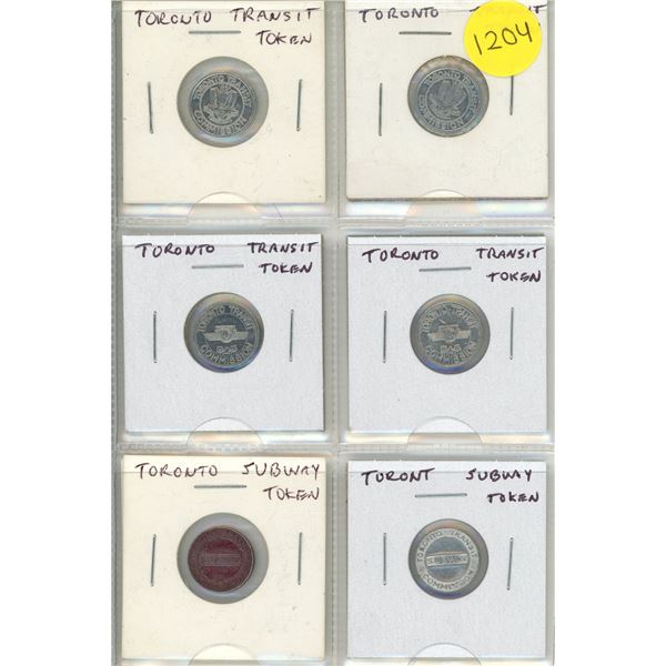 Set of 6 Toronto Transit Tokens and Subway Tokens.