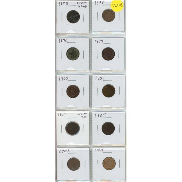 Set of 10 U.S. Indian Head Cents 1893 – 1907.
