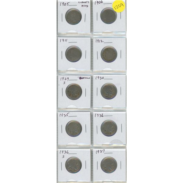 Set of 10 U.S. Liberty Head and Buffalo Nickels 1905 – 1937.