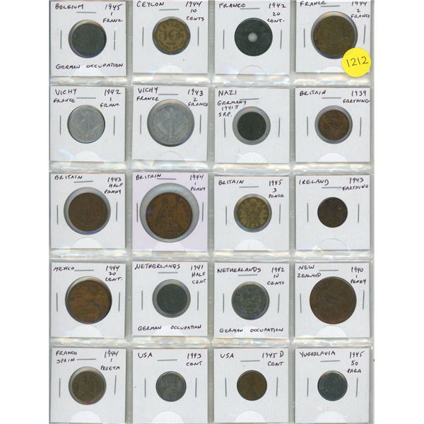 Set of 20 World War II coins (1939 – 1945) from Belgium to Yugoslavia.