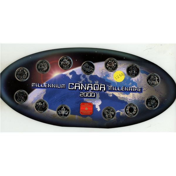 2000 Canada Millennium set. Includes 12 different 25 Cents plus a special Map of Canada Mint Medal. 