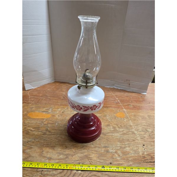 Vintage red and white milk glass oil lamp- with chimney