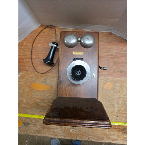 Antique long box oak telephone- ringer works- looks complete