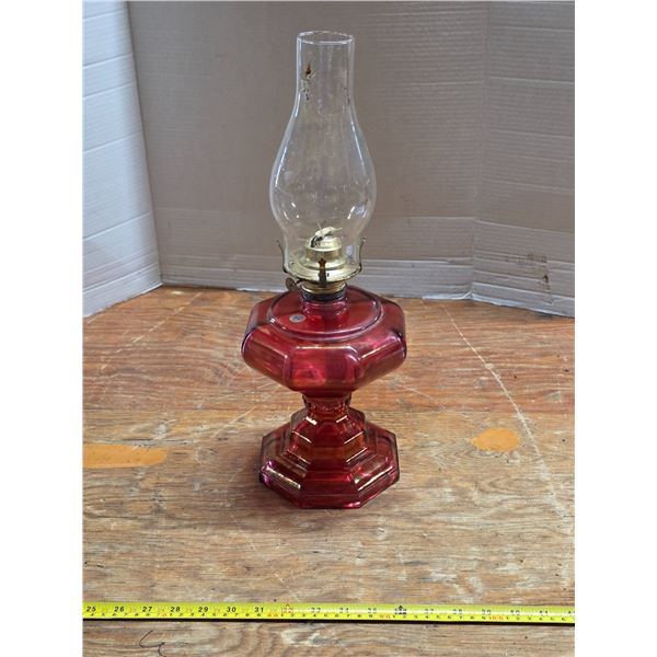 Pink glass oil lamp- with chimney