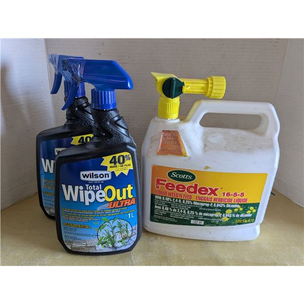 Lawn fertilizer and weed killer, sealed bottles