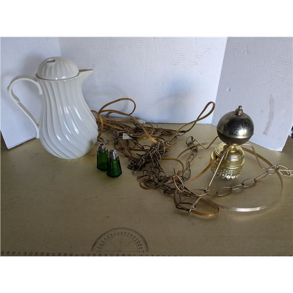 Vintage hanging lamp, coffe carafe, etc