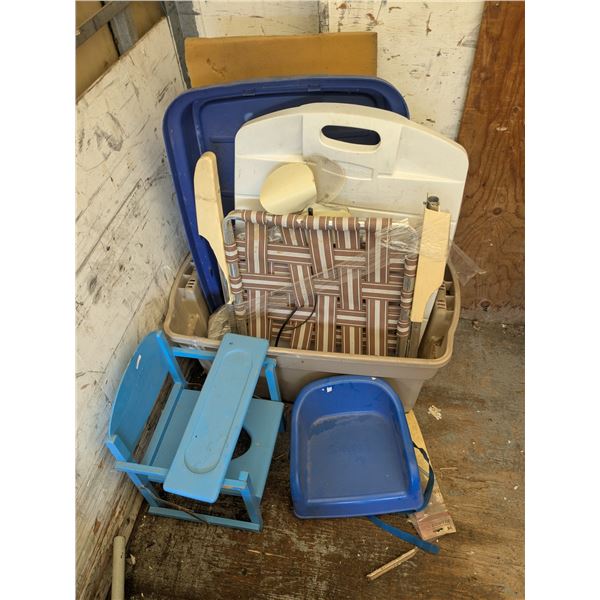 Bin of assorted lids, with child booster seats