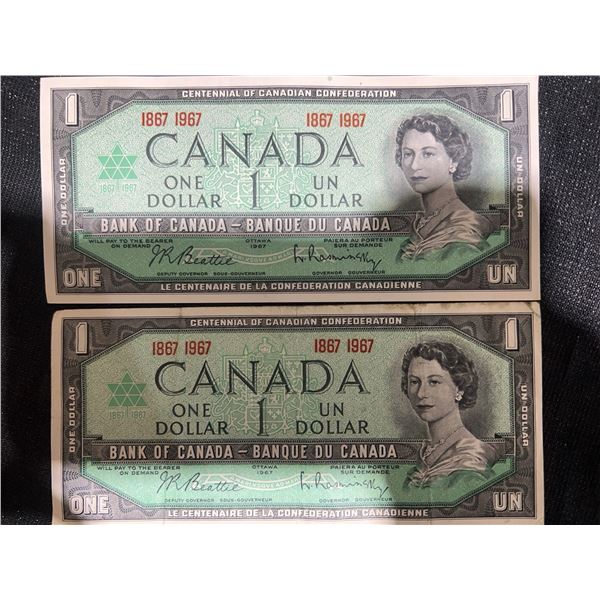1967 Canada Centennial $1 Banknotes (Pair, Beattie-Rasminsky Signatures)