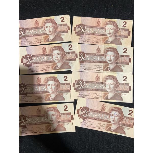Eight 1986 Canadian $2 Banknotes, Birds of Canada Series