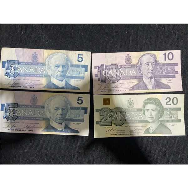 Canadian Banknotes Lot: $5, $10, $20 1986-1991 (4 Notes)