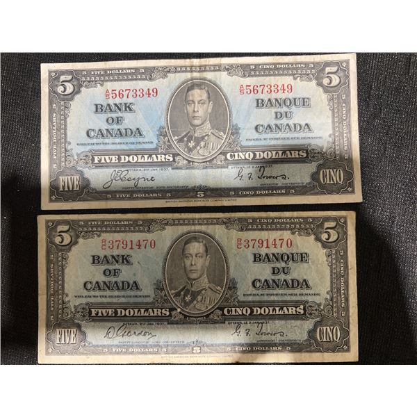 1937 Bank of Canada $5 Notes, Coyne-Towers Signatures, Lot of 2