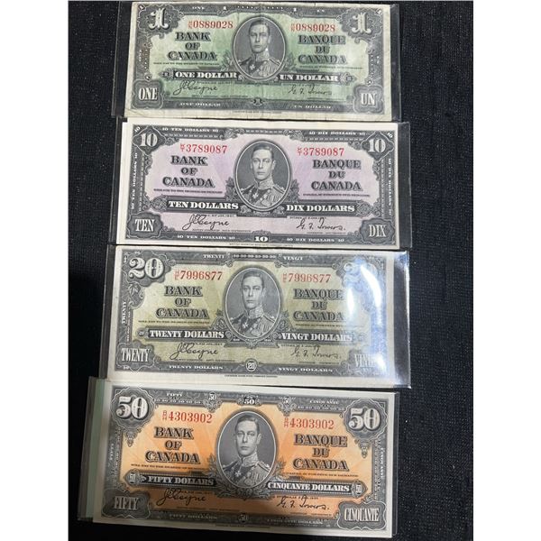1937 Bank of Canada $1, $10, $20, $50 Banknote Set (4 Notes)