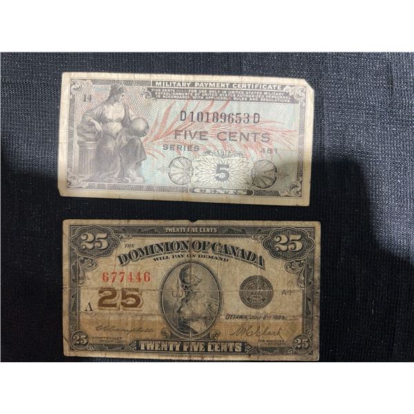 Dominion of Canada 25 Cents Note (1923) and U.S. Military Payment Certificate (5 Cents, Series 481)