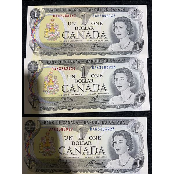3 Consecutive 1973 Bank of Canada $1 Notes, Serial Numbers BAK3383926-27