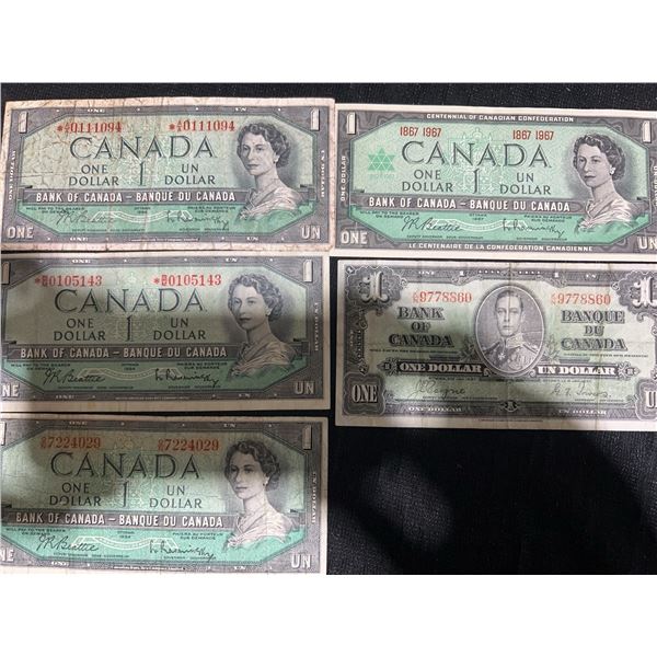 5 Canadian One Dollar Notes, 1954-1967 Series