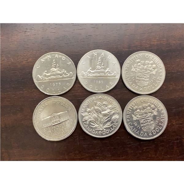 6 Canadian Silver Dollar Coins 1970-1980
