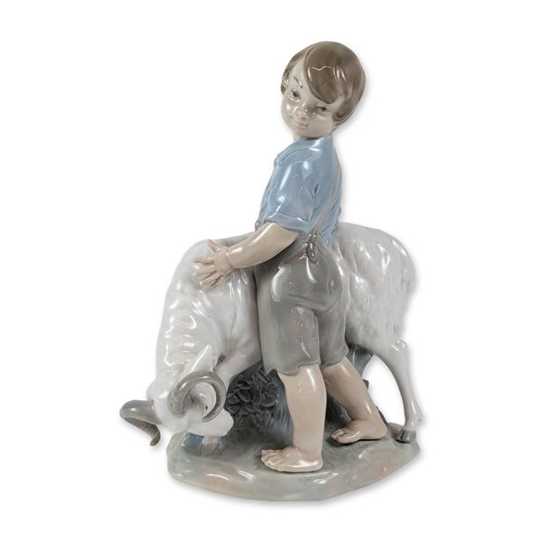 Nao by Lladro Porcelain Boy with Ram Figurine, I'm Not Moving