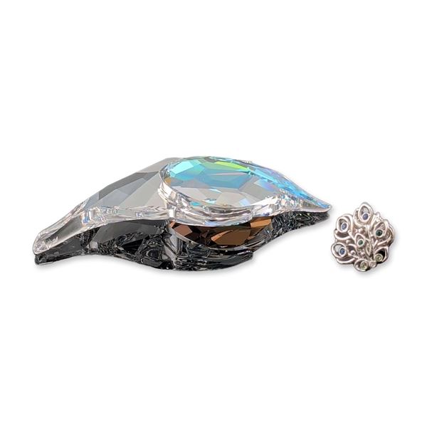 2pc Swarovski Crystal SCS Peacock Feather Ornament and Wheel Tack Pin