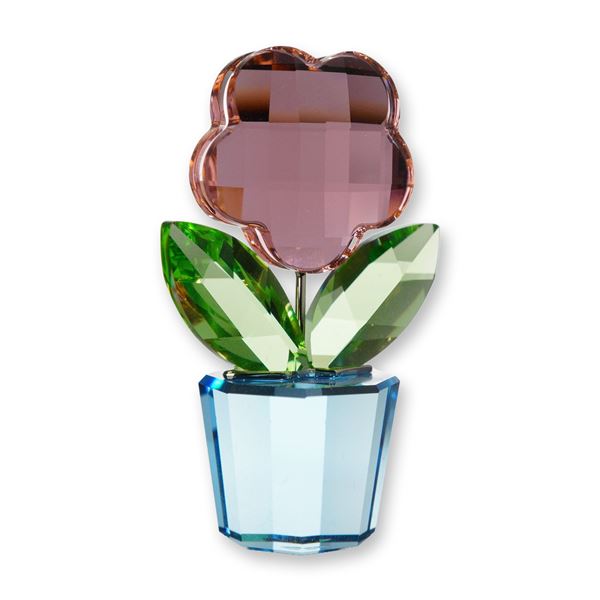 Swarovski Crystal Flower Figurine, Pink Flower in Blue Pot