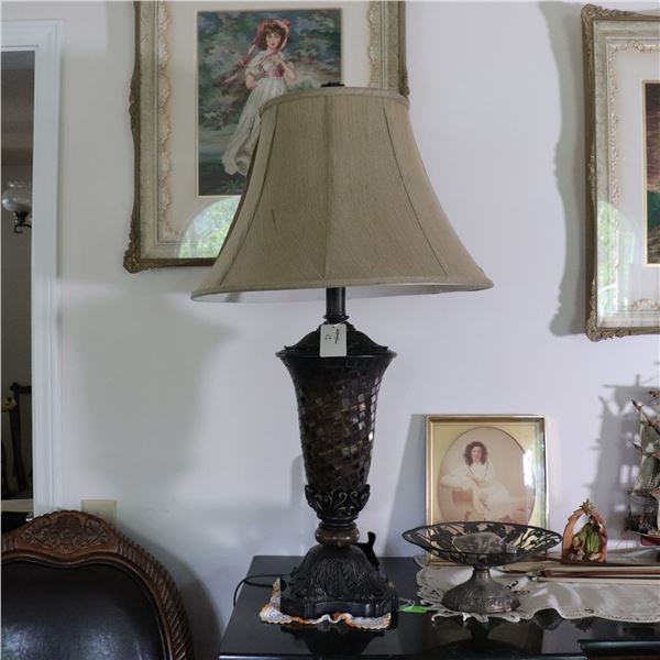 Tall Red Glass Mosaic Table Lamp with Ornate Metal Base and Shade