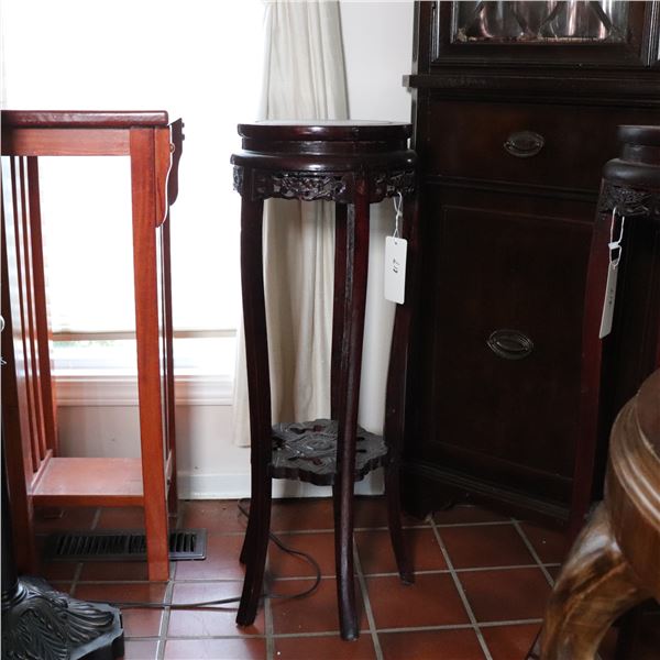 Carved Wood Plant Stand with Marble Inset Top