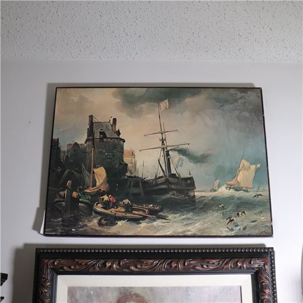 Mid-Century Print on Board: Maritime Harbour Scene