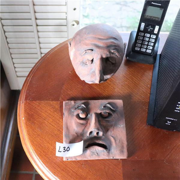 Two Handmade Studio Ceramic Face Sculptures: Relief Tile and Full Head